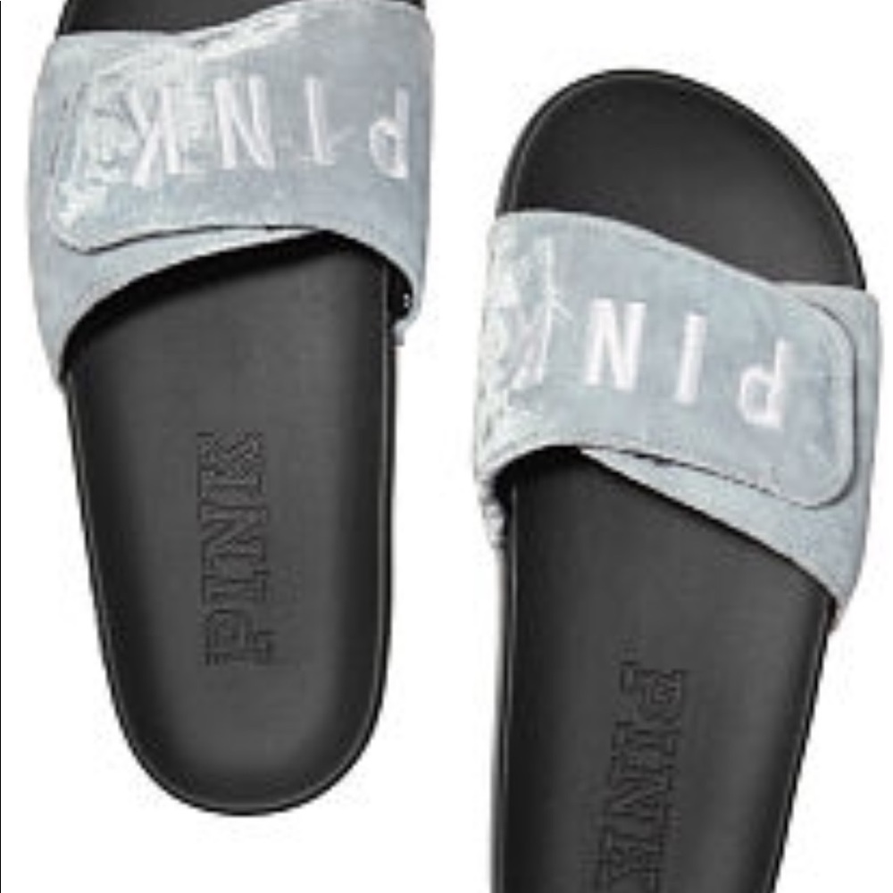 💕NEW VS PINK SLIDES LIGHT BlUE VELVET..SIZE SMALL - Picture 1 of 3